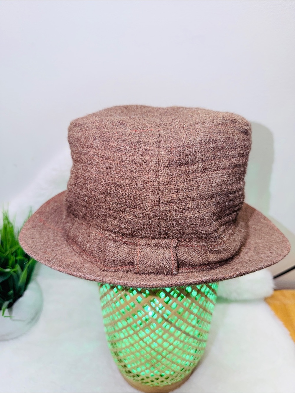 100% Pure Virgin Wool Norm Thompson Brown Tweed Bucket Vintage Fedora Hat 🎩